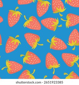 Padrão contínuo com morango no fundo de cor. Natural deliciosa fruta fresca e saborosa. Ilustração vetorial para impressão, tecido, têxtil, banner, outro design. Conceito alimentar.