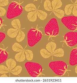 Padrão contínuo com morango no fundo de cor. Natural deliciosa fruta fresca e saborosa. Ilustração vetorial para impressão, tecido, têxtil, banner, outro design. Conceito alimentar.