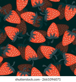 Seamless pattern with strawberry on color background. Natural delicious fresh ripe tasty fruit. Vector illustration for print, fabric, textile, banner, other design. Food concept.