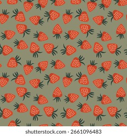 Seamless pattern with strawberry on color background. Natural delicious fresh ripe tasty fruit. Vector illustration for print, fabric, textile, banner, other design. Food concept.