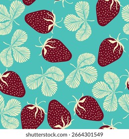 Seamless pattern with strawberry on color background. Natural delicious fresh ripe tasty fruit. Vector illustration for print, fabric, textile, banner, other design. Food concept.