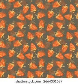 Patrón sin fisuras con fresa sobre fondo de color. Natural deliciosa fruta madura sabrosa fresca. Ilustración vectorial para impresión, tela, textil, Anuncio, otro diseño. Concepto de comida.
