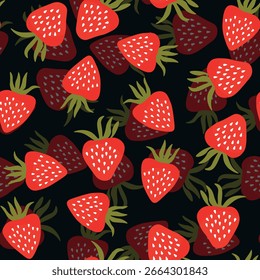 Patrón sin fisuras con fresa sobre fondo de color. Natural deliciosa fruta madura sabrosa fresca. Ilustración vectorial para impresión, tela, textil, Anuncio, otro diseño. Concepto de comida.