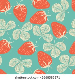 Seamless pattern with strawberry on color background. Natural delicious fresh ripe tasty fruit. Vector illustration for print, fabric, textile, banner, other design. Food concept.