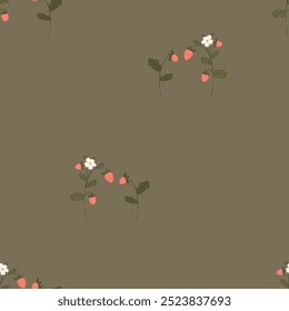 Seamless pattern with strawberry on dark background. Vector boho botanical floral background. Delicate floral and herb illustration.