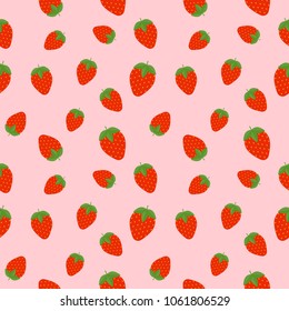 Seamless pattern with strawberry on pink background. Cute minimalistic design with fresh red strawberry. Flat style vector illustration