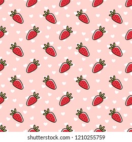 Seamless pattern with strawberry, on a pink background with white hearts. It can be used for packaging, wrapping paper, textile and etc.