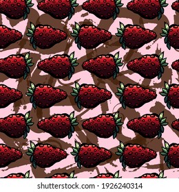 Seamless pattern of strawberry on pink and brown background, cartoon style, red, brown, chocolate, nature, organic, piece, natural, berry, shop, gastronomy, eat, meal, eating, food, seamless, backdrop