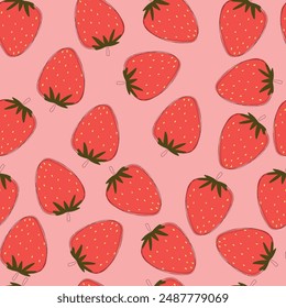 Seamless pattern with strawberry on pink background. Vector illustration.	
