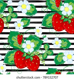 Seamless pattern with strawberry on strips. Summer background.