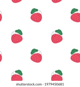Seamless pattern with strawberry on white background. Continuous one line drawing strawberry. Black line art on white background with colorful spots. Vegan concept