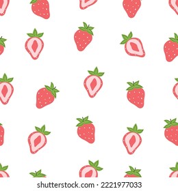 Seamless pattern with strawberry on white background. Exotic fruit fashion print. Hand drawn doodle repeating berries. Tropical wallpaper
