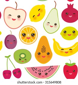 seamless pattern strawberry, orange, banana cherry, lime, lemon, kiwi, plums, apples, watermelon, pomegranate, papaya, pear, pear on white background. Vector