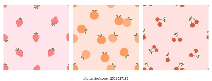 Seamless pattern with strawberry, orange and cherry fruit on pink and orange backgrounds vector. Cute fruit print.