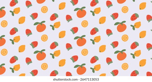 Seamless pattern with strawberry orange lemon yellow fruit and citrus slices scattered on pale background. Vector flat colorful illustration.