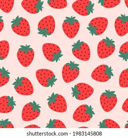 seamless pattern strawberry, organic fruit, print for packaging, fabrics, wallpapers, textiles, vector illustration of cartoon strawberry on pink