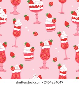 Seamless pattern with strawberry parfait on a pink background. Vector graphics.