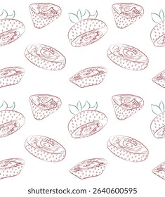 Seamless pattern with strawberry pieces. Elegant botanical line art in red and green colors. Perfect for fabric, wrapping paper, kitchen textiles, eco-branding and packaging.