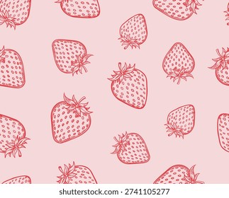 Seamless pattern with strawberry. Pink background with strawberry.Vector hand drawn fruit pattern. Design for wrapping paper, fabric, backdrop, wallpaper. Fruit graphic element