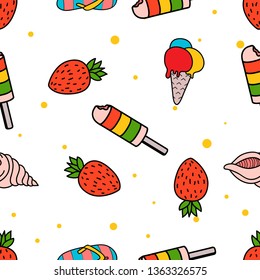 Seamless Pattern of Strawberry, popsicle, sea shell and flipflop hand drawn in cute colorfull doodle vector