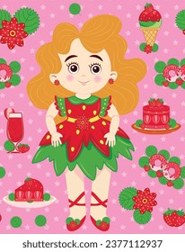 Seamless pattern with strawberry princesses, strawberries, cakes, drinks and flowers. Strawberry princess in cartoon style. Cute girls in red dresses among strawberries. Strawberry textile pattern. 