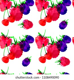 Seamless pattern with strawberry, raspberry, blackberry, cherry, berry with blots and stains on a white background. Watercolor art. Freehand creative vector illustration.