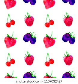 Seamless pattern with strawberry, raspberry, blackberry, cherry, berry with blots and stains on a white background. Watercolor art. Freehand creative vector illustration.