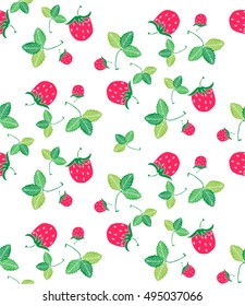 Seamless pattern strawberry, red berries, leaf and flowers on a white background, flat, hand drawing, kawaii, bright print for fabric, wallpaper, curtains, posters, vector illustration EPS 8