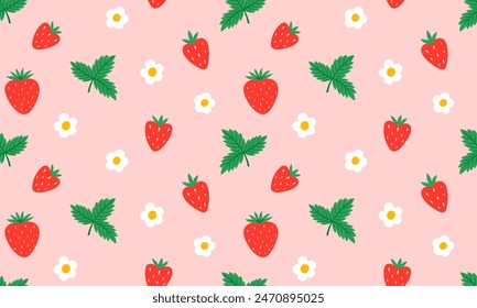 Seamless pattern with Strawberry.  Red strawberries, leaves and flowers background. Juicy summer berries. Flat Vector illustration 
