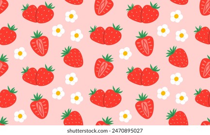 Seamless pattern with Strawberry.  Red strawberries and flowers background. Juicy summer berries. Flat Vector illustration 
