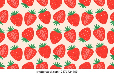 Seamless pattern with Strawberry. Red strawberries background. Juicy summer berries. Flat Vector illustration 