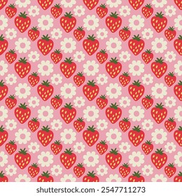 Seamless pattern with Strawberry. Red strawberries, leaves and flowers background. Juicy summer berries. Flat Vector illustration
