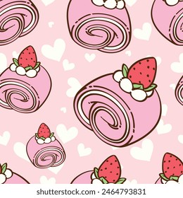 Seamless pattern of strawberry roll cake is cute and delicious, It cute feminine. Pattern for fabric and wrapping paper, Pattern for design wallpaper and fashion prints.