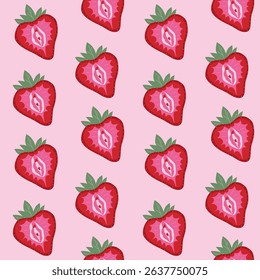 Seamless pattern with Strawberry Shaped Like a Vulva. Feminine Outline Design	