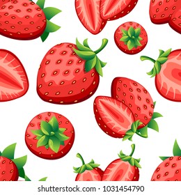 Seamless pattern of strawberry and slices of strawberries. Vector illustration for decorative poster, emblem natural product, farmers market. Website page and mobile app design.