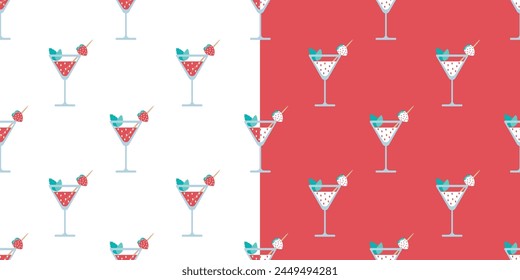 Fondo inconsútil de batido de fresa con menta. Cóctel, bebida. Enlatado casero. Ilustración de comida de verano. Aislado sobre fondo blanco. Inversión.
