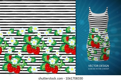 Seamless pattern with strawberry and strips, used on short dress mock up. Vector illustration.
