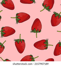 Seamless pattern strawberry texture background on pink. Vector illustration design.