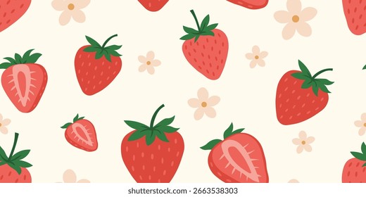 Seamless pattern with strawberry. Trendy summer background with hand drawn strawberry, flowers and leaves. Modern abstract design for paper, cover, fabric