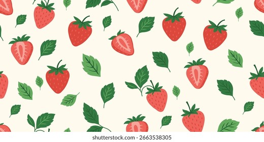 Seamless pattern with strawberry. Trendy summer background with hand drawn strawberry, flowers and leaves. Modern abstract design for paper, cover, fabric