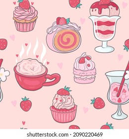 Seamless pattern with strawberry valentine's day food. Vector graphics.