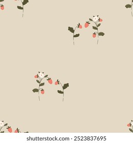 Seamless pattern with strawberry. Vector boho botanical floral background. Delicate floral and herb illustration.