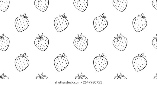 Seamless pattern with strawberry vector doodle illustration on white, berry outline sketch, hand drawn icon of summer food and flowers