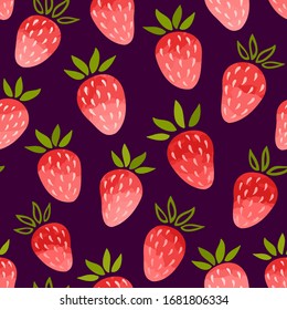 Seamless pattern with strawberry. Vector illustration of berries on the dark background.