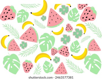 Patrón sin fisuras con fresa, sandía, fruta de plátano, flor de hoja tropical en fondos blancos Ilustración vectorial.