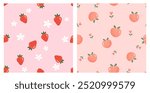 Seamless pattern with strawberry and white flower on pink background. Seamless pattern with peach fruit and heart shape flower on orange background vector.