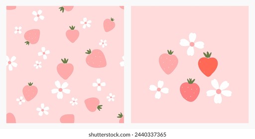 Patrón sin fisuras con fresa y flor blanca sobre fondo rosa. Decoración de arte de la pared lindo con fresas dibujadas a mano y lindo icono de flor signo vector.