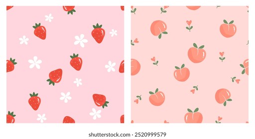 Seamless pattern with strawberry and white flower on pink background. Seamless pattern with peach fruit and heart shape flower on orange background vector.