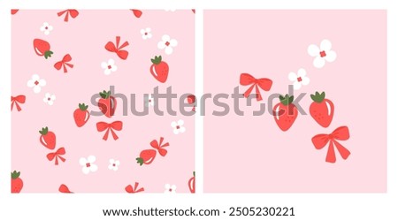 Seamless pattern with strawberry, white flower and red ribbon bow on pink background. Strawberry, flower and red ribbon bow icon set vector.