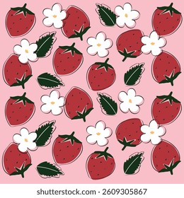 Seamless pattern with strawberry and white flowers on pink background